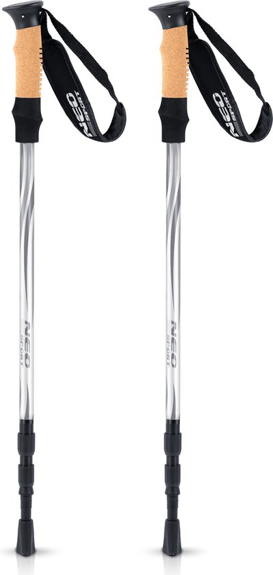 Twee zilverkleurige Nordic walkingstokken met een kurken handvat en zwarte lus.
