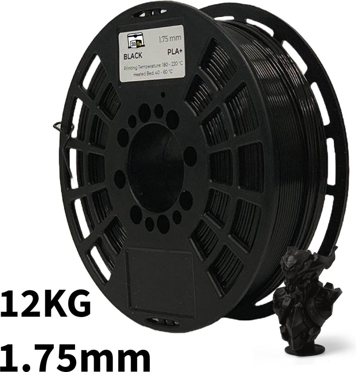 Zwart PLA+ 12kg 3D Printer Filament 1.75 mm - Hoge Kwaliteit en Duurzaam - Compatibel met Creality, Bambu Lab, Esun en Andere 3D Printers - Voor 3D Printen van Prototypes, Modellen, Accessoires - voor Professioneel en Thuisgebruik