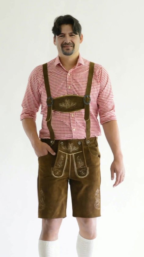 Oktoberfest Lederhose Flachau avec Bretelles court 100% cuir véritable Oktoberfest hommes Déguisements hommes Lederhosen homme - Cuir - Marron foncé - L