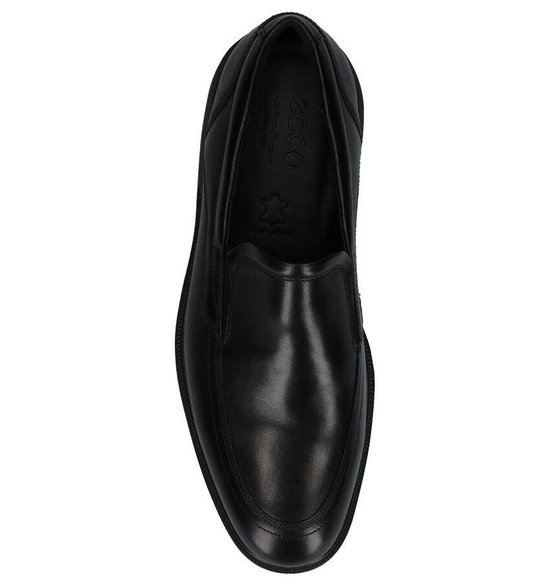 Bovenaanzicht van een zwarte ECCO mocassin met ECCO logo op de binnenzool. Gemaakt van glad leer.