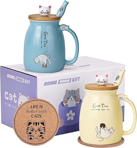 Coffret Tasse A The Set De 3 Tasses Chat Céramique 380ml - Avec Couvercle, Cuillère Et Dessous De Verre Cadeau Amoureux Chats