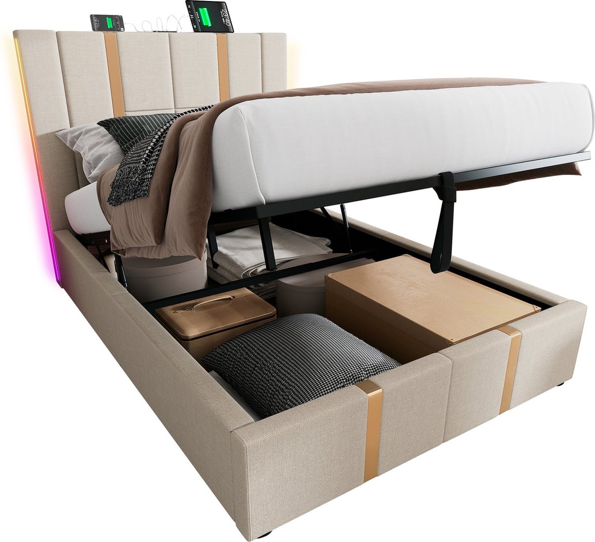 Merax Gestoffeerd Bed 90x200 cm – USB Type-C Ladefunctie - APP-Control RGB LED Verlichting - Hydraulische Opbergruimte - Beige Linnen (Zonder Matras)