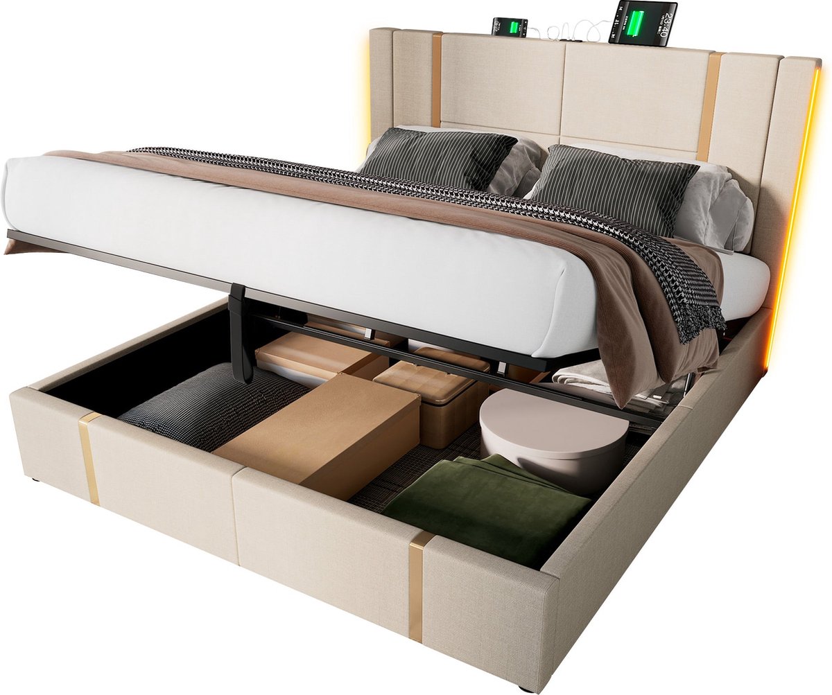 Merax Gestoffeerd Bed met USB Type-C - APP-Control LED en Hydraulische Opbergruimte – 160x200 cm - Beige Linnen (Zonder Matras)