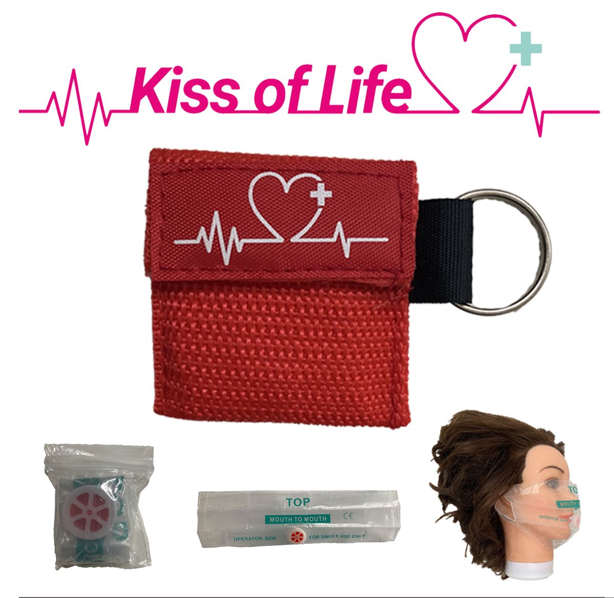 Kiss of life - Ademhalingsmasker - Beademingsdoekje - Gezichtsbeschermer - Sleutelhanger met ring - Rood