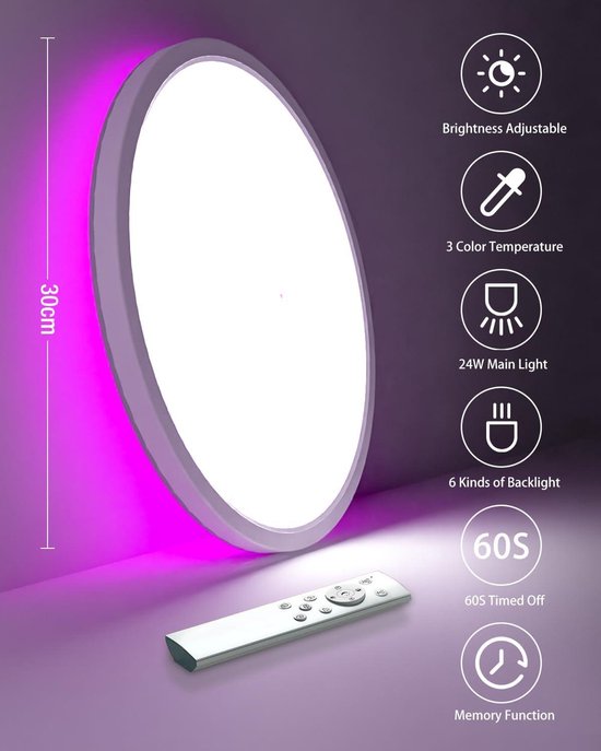 BURNNOVE 24 W Plafondlamp 3200 Lumen LED Ronde Plafondlamp IP54 Waterdicht 7 RGB Kleuren 3 Lichtstanden 10 Niveaus van Kleurtemperatuur 8 Niveaus van Helderheid Geheugenfunctie met Afstandsbediening