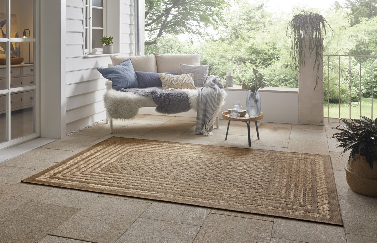 Flycarpets Jute look vloerkleed - Binnen en buitenkleed - Limonera Kader - Beige / Bruin 160x230 cm