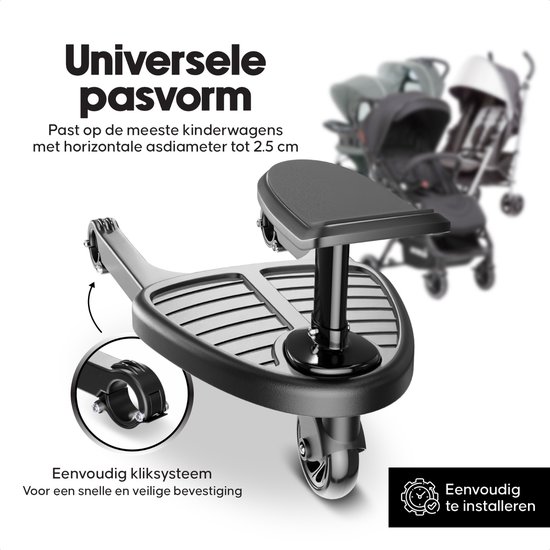 Silvax® - Meerijdplankje - Universeel - Eenwieler - Meerijd plankje met zitje - Voor kinderwagen - Extra stevig - Zwart van Merkloos — afbeelding 5