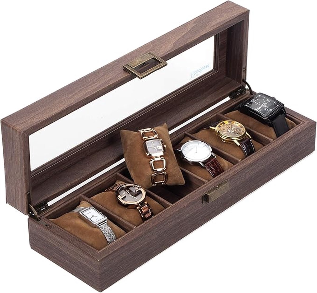 Horlogedozen | Horloge doos | kijkdoos | kijk Opslag | Horloge opbergdoos | Horloge box Gemaakt van PU Leer in en Echt Glas… (6, Bruin)