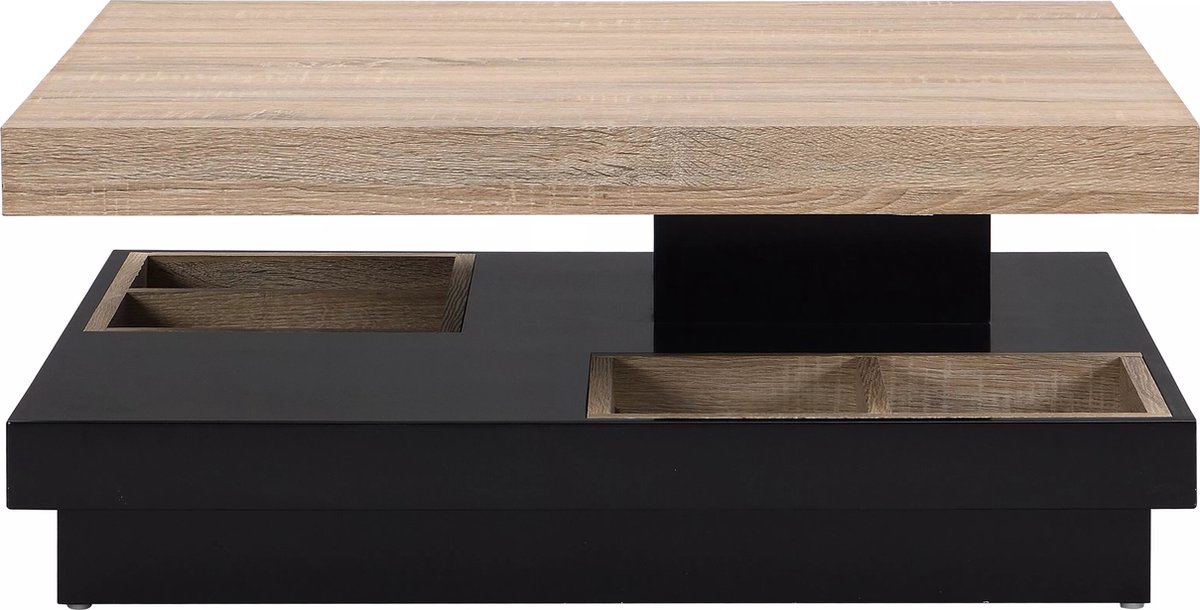Vente-unique Salontafel - Draaibaar blad - Zwart en naturel gelakt MDF - FAUSTO Zwart, Natuurlijk licht