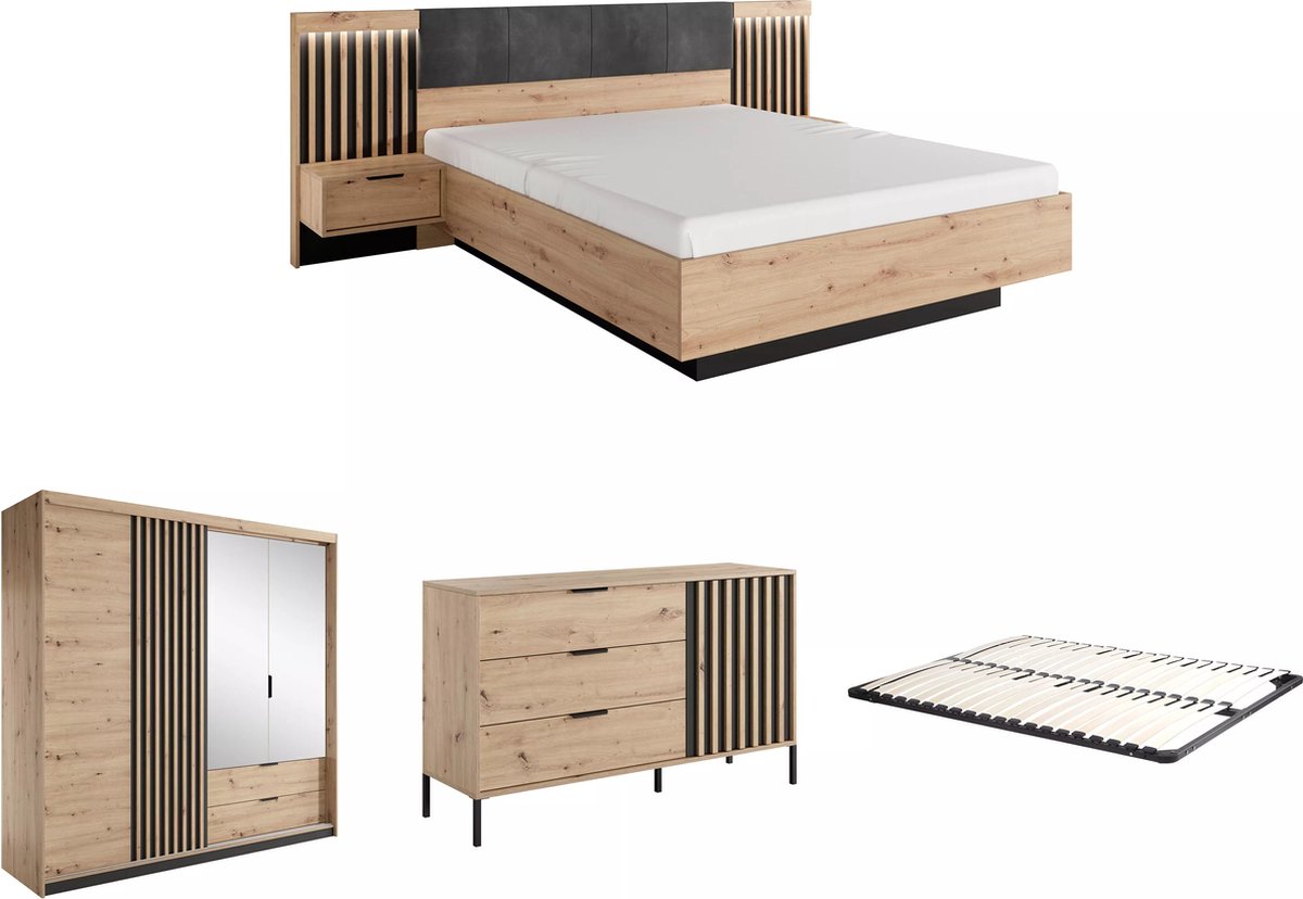 Vente-unique Set bed met nachtkastjes 160 x 200 cm + bedbodem + ladekast + kast - Kleur: naturel en zwart - ARIADA