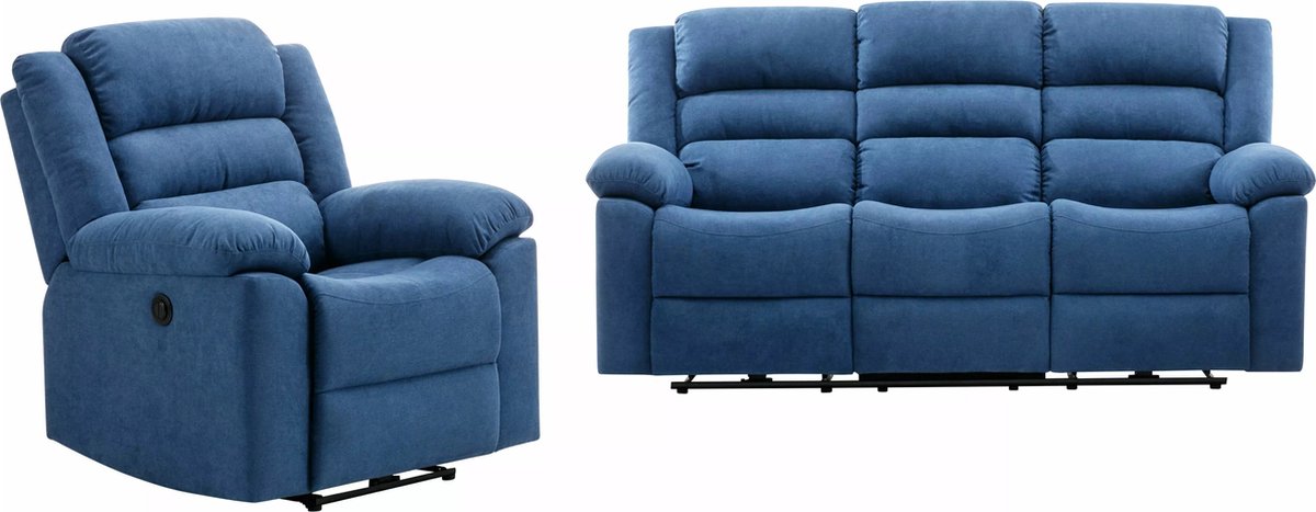 Vente-unique Elektrische driezits-relaxbank en -fauteuil van blauwe stoffen bekleding BUROLO