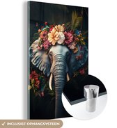 MuchoWow® Glasschilderij 60x90 cm - Schilderij acrylglas - Olifant - Dieren - Bloemen - Natuur - Foto op glas - Muurdecoratie woonkamer - Wanddecoratie slaapkamer - Schilderijen