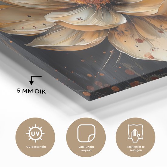 MuchoWow® Peinture sur verre 120x80 cm - Peinture sur verre acrylique - Fleurs - Or - Art - Zwart - Moderne - Photo sur verre - Décoration murale salon - Décoration murale chambre - Peintures