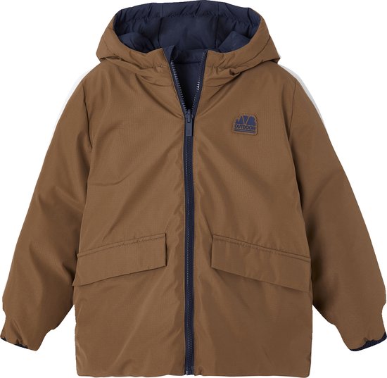 Bruine omkeerbare kinderparka met capuchon, rits en twee zakken.