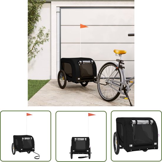 VidaXL Hondenfietskar – Zwart, Oxford Stof & IJzeren Frame, Met PVC Hoes, Ritssluiting, Gaasramen, Reflectoren, Vlag, Grote Wielen – Geschikt Voor Kleine En Middelgrote Honden