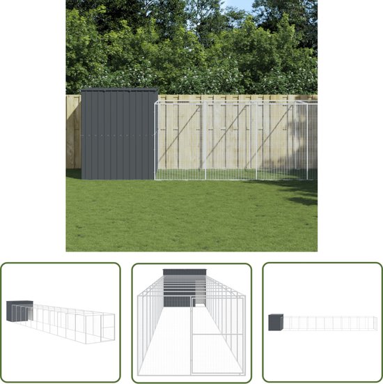 The Living Store Hondenhok met ren 214x1273x181 cm staal antraciet - Hondenhok - Hondenverblijf - Hondenrennen - Buitenverblijf Hond - Veiligheidshek