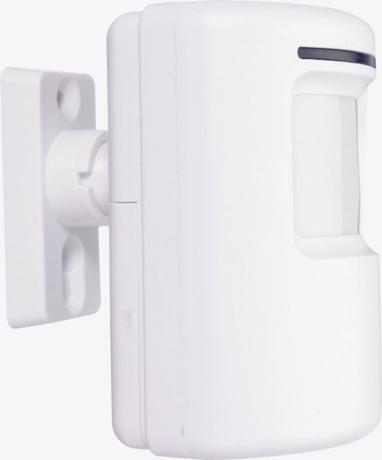 Witte, rechthoekige bewegingsmelder met een sensor aan de voorkant, gemonteerd op een muurbeugel.