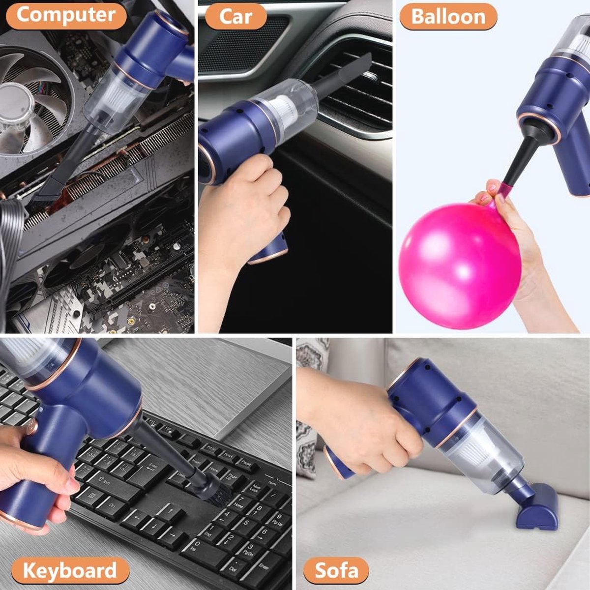 WADEO 12000pa Handstofzuiger Accu, 6-in-1 Mini Handstofzuiger voor Nat En Droog Stofzuigen, Auto Stofzuigen met Luchtblazer en Led-lampje, Geschikt voor Thuis, Huisdieren, Auto