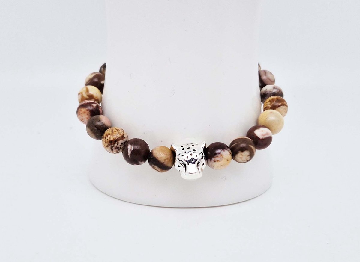 Handgemaakte natuursteen armband met Metalen vorm - Model 15 - "Australia zebra jasper" -8 mm diameter van de korrel- Diameter armband 20 cm - Een mooi cadeau voor familie en vrienden