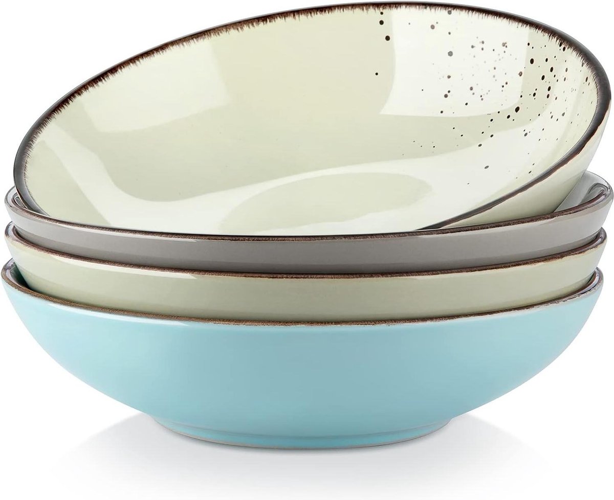 8 inch Keramische Soepbord Steengoed Vintage Look Veelkleurig Servies - 700 ml Ramen Noedelkom Set van 4 - Navia Nature Pasta Bowl Soepkom