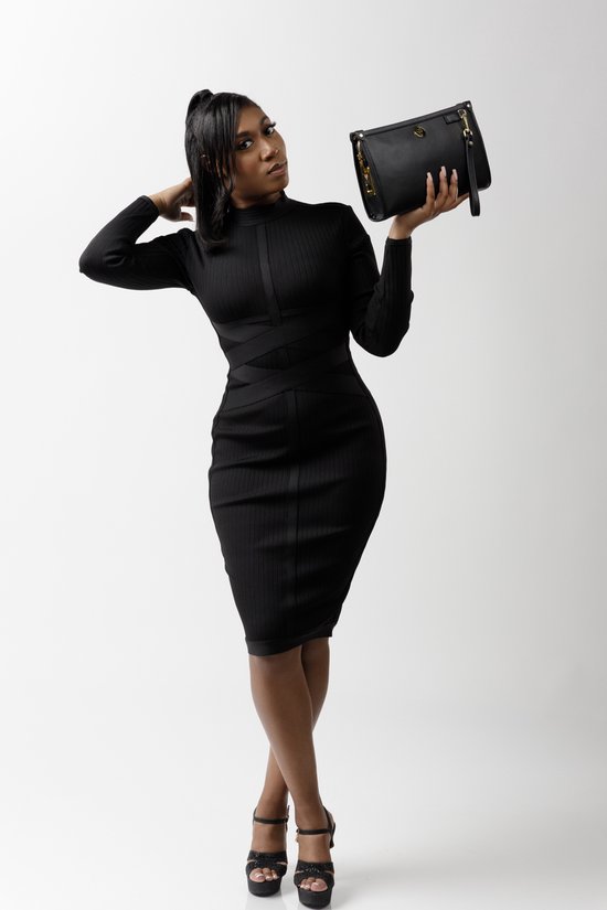 Savory Fashion – Robe bandage - Manches longues - Col roulé - Zwart - Taille M