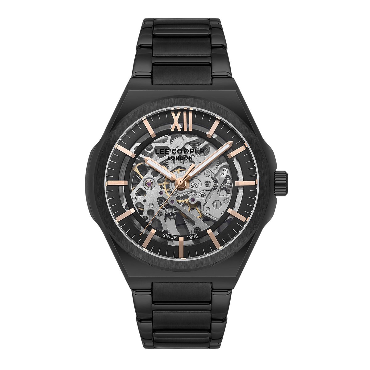 Lee Cooper LC08051.650 - Horloge - Polshorloge - Analoog - Automatisch - Mannen - Heren - stalen band - Overig (vorm) - Metaal - Skeleton - Strepen - Romeinse Cijfer - Zwart - Zilverkleurig - Rosékleurig