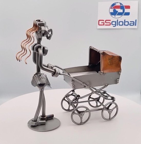 Moeder met kinderwagen-metaal kunst-metaal beeld-baby-moederschap-familie-gezin-het best cadeau-uniek-verjaardag-sinterklas gift-kerst-geschenk