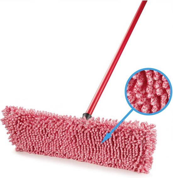 Serpillière en microfibre rouge et blanche avec manche rouge, avec une loupe sur les fibres.