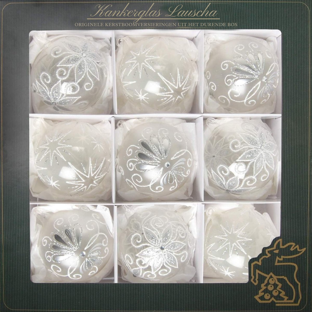 Glazen Kerstboomversiering Set - 9 Stuks Glaskogels Met Witte Decoratie - Ø 8 Cm - Met Oogje Voor Ophangen