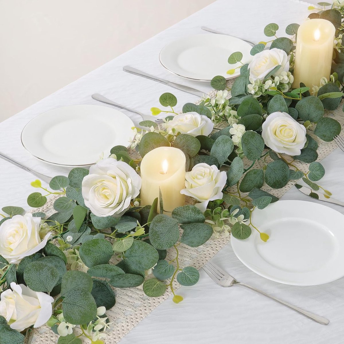 2 Guirlandes Eucalyptus Artificiel Avec Fleurs Blanches - 180cm | Décoration Mariage, Fête, Table