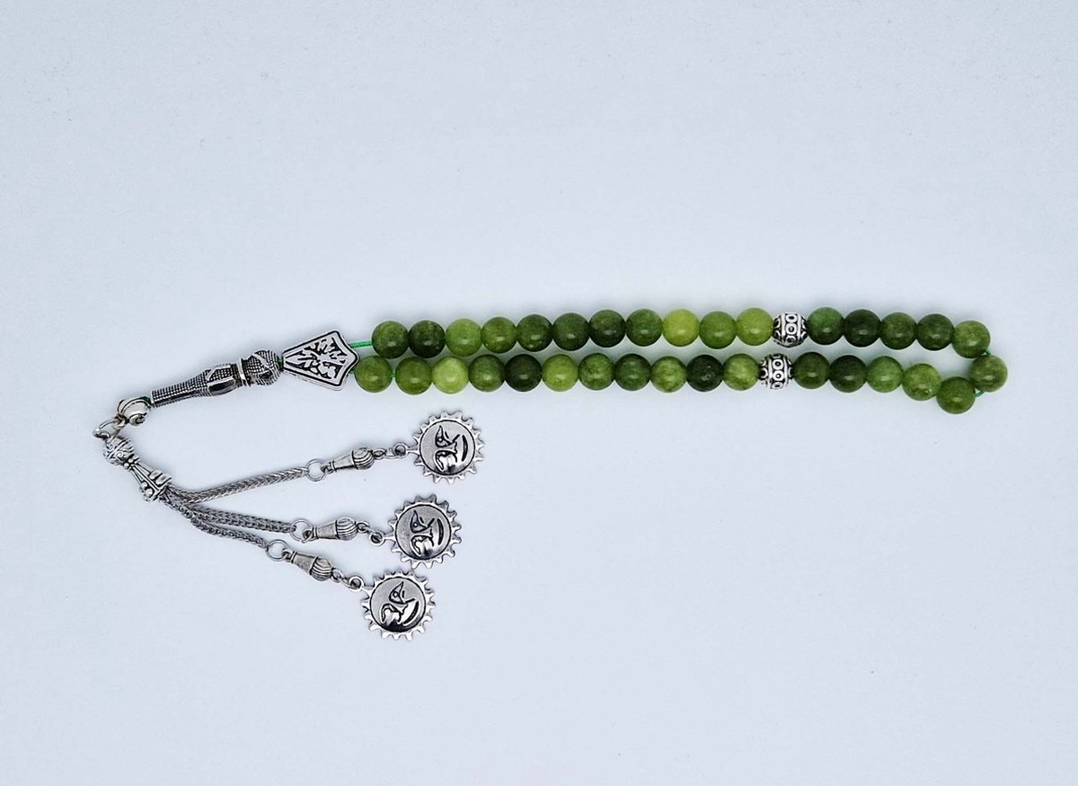 Handgemaakte tesbih "tasbih" natuursteen " Kraal Koreaanse jade" - Aantal kralen 33 - Diameter kralen 8 MM - met metaal tassel "model 2" - Een mooi cadeau-idee