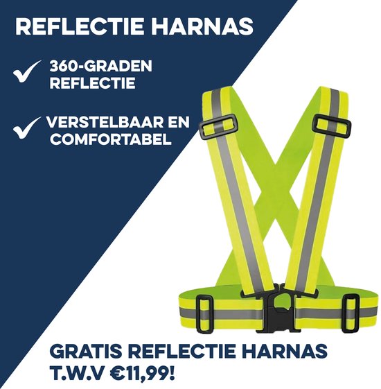 Gratis reflectieharnas, 360-graden reflectie, verstelbaar en comfortabel.