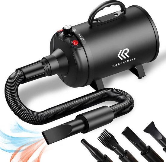 RobustRise Ultra Hondenfohn - 3800W - Zwart - Verstelbaar Vermogen - Waterblazer voor Honden - Hondenfohn met 4 Opzetstukken - Stil Design met geluidsdemper