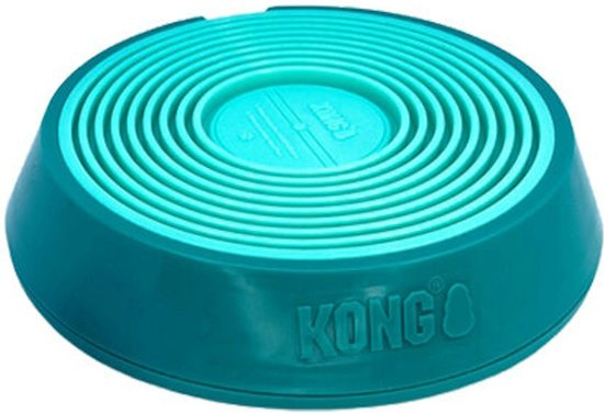 Groenblauwe ronde voerbak met de KONG Licks Spinz tekst en concentrische groeven.