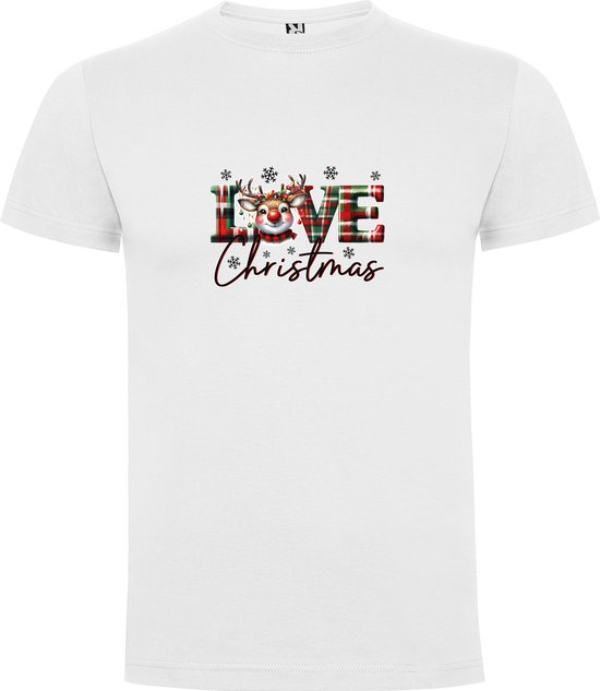 Wit T-Shirt met “Kleurrijke Love Christmas met grappig Rendier “ Print Full Color Maat 3XL