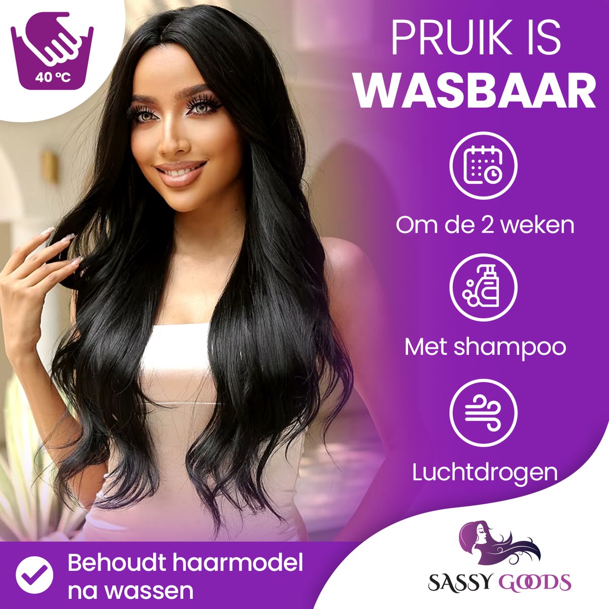 SassyGoods Zwarte Pruik - Pruiken Dames Lang Haar - Wig - Golvend Haar - Haren Vrouwen - Verstelbaar - Wasbaar - Zwart — afbeelding 9