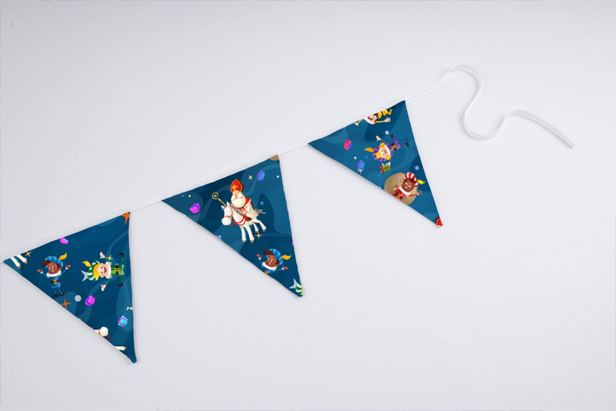 Vlaggenlijn van stof | Pietengym - 3 meter / 9 vlaggetjes - Sinterklaas en Pieten slinger (blauw) met driehoek vlaggetjes - Sint en piet versiering / Sinterklaas decoratie - Stoffen slingers handgemaakt & duurzaam