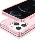 Coque de téléphone rose pailletée, séparée d'un téléphone avec appareil photo, présentée en pile.