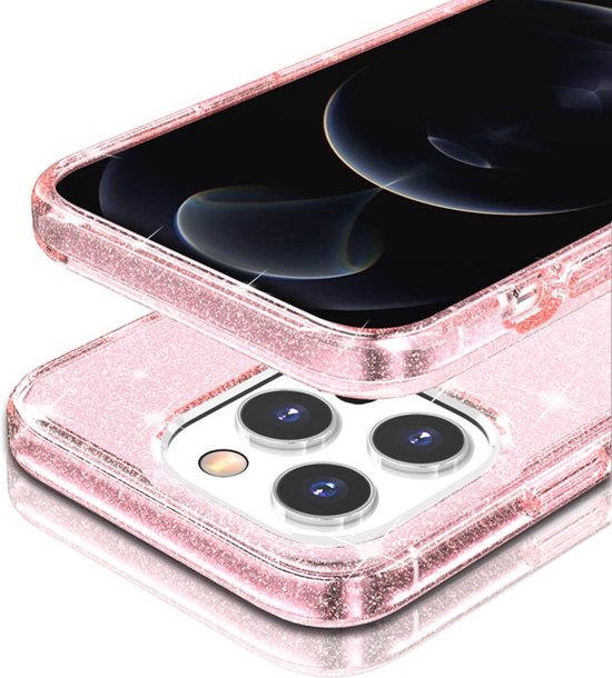 Coque de téléphone rose pailletée, séparée d'un téléphone avec appareil photo, présentée en pile.