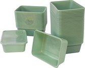 Groene, stapelbare meal prep bakjes van hard plastic, sommige met transparant deksel.