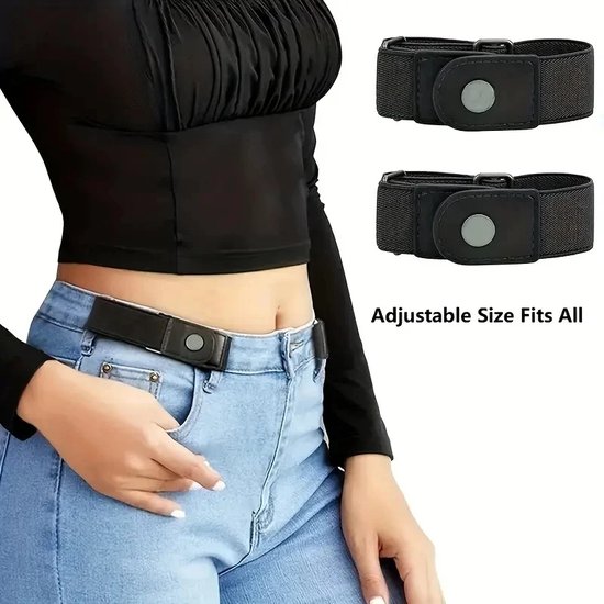 2 Stuks/set Elastische Riem Zonder Gesp Voor Vrouwen, Mannen, Unisex Stretchriem Voor Broeken, Jeans, Casual, Verstelbare Onzichtbare Riem Zonder Gesp - Zwart