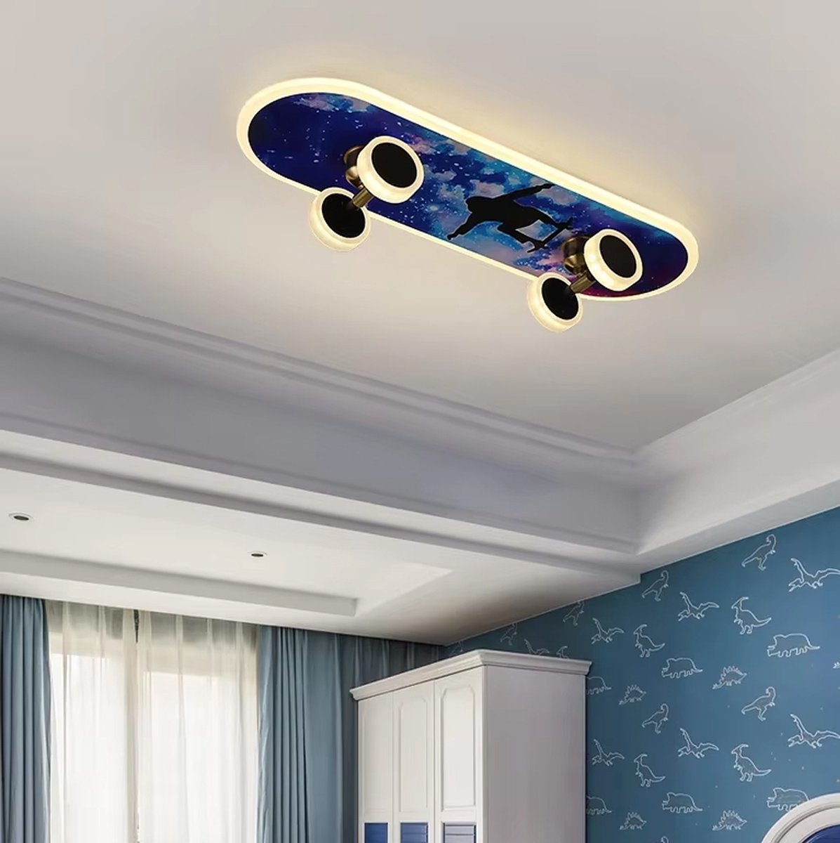 LED Kids Plafondlamp Skateboard Plafondlamp Creatieve Slaapkamer Lamp Dimbaar Met Afstandsbediening Acryl Jongenmeisje Baby Kids Kamer Lampen Plafond Woonkamer Eetkamer Kroonluchter 60cm
