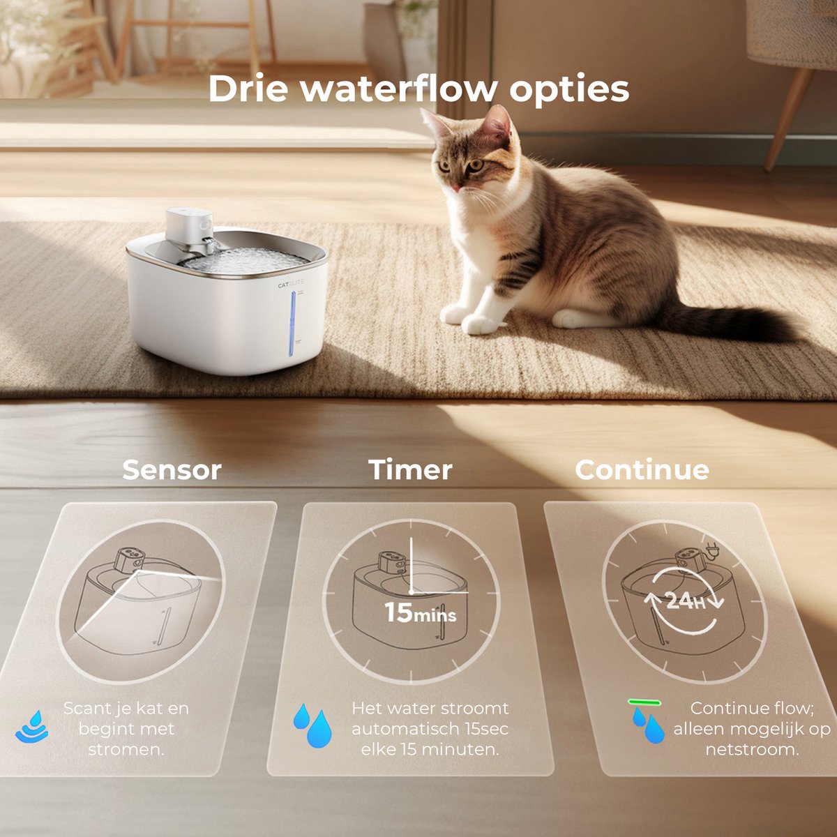 CatElite® - Premium Drinkfontein Kat | Stream - Draadloos - Waterdispenser met Sensor en Accu - Incl. 2 Filters - 4L Waterfontein Kat - Kattenfontein - Fluisterstil - RVS Wit thumbnail 3