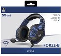 Blauwe Trust Forze-B gaming headset met camouflagepatroon, Playstation-logo en microfoon.