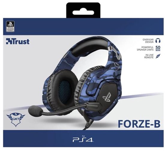 Blauwe Trust Forze-B gaming headset met camouflagepatroon, Playstation-logo en microfoon.