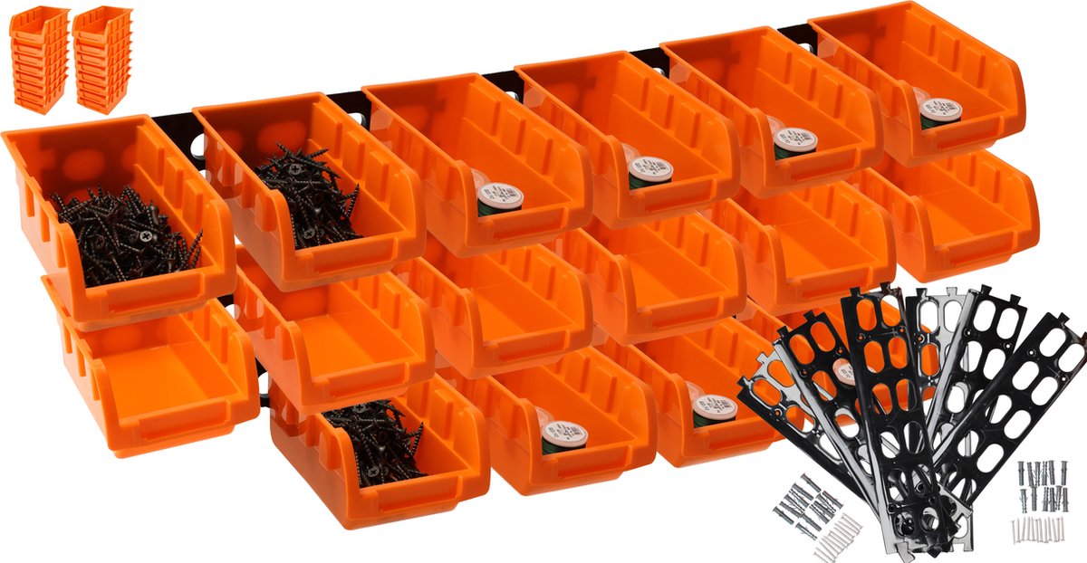 Wandrek Opbergsysteem 16-delig – Schuiflades en stapelboxen voor Gereedschap, schroeven en spijkers – Ideaal voor Werkplaats, Schuur, Kantoor & Keukenkast – Inclusief Schroeven en Pluggen