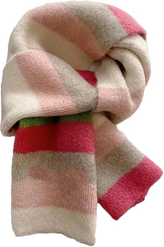 1 écharpe rayée colorée - écharpe arc-en-ciel pour femme - écharpe en laine rayée d'hiver - écharpe courte chaude pour étudiant - écharpe tricotée à blocs de couleurs - écharpe rayée à blocs de couleurs - blanc cassé rose vert