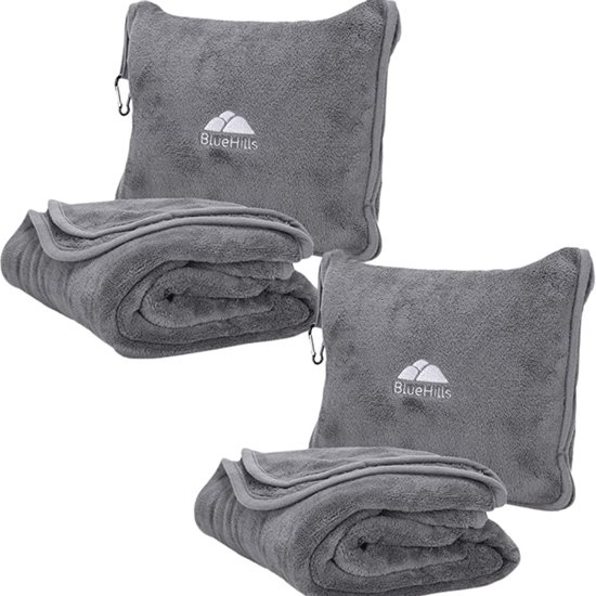 BlueHills Set van 2 hoogwaardige zachte pluche reisdekens voor twee in een tas met handbagageriem en rugzakclip, compacte accessoires voor vliegreizen