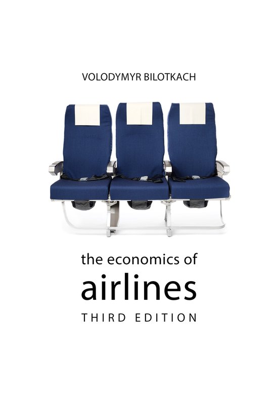 Drie blauwe vliegtuigstoelen met witte hoofdsteunen, 'the economics of airlines' staat op de voorkant.