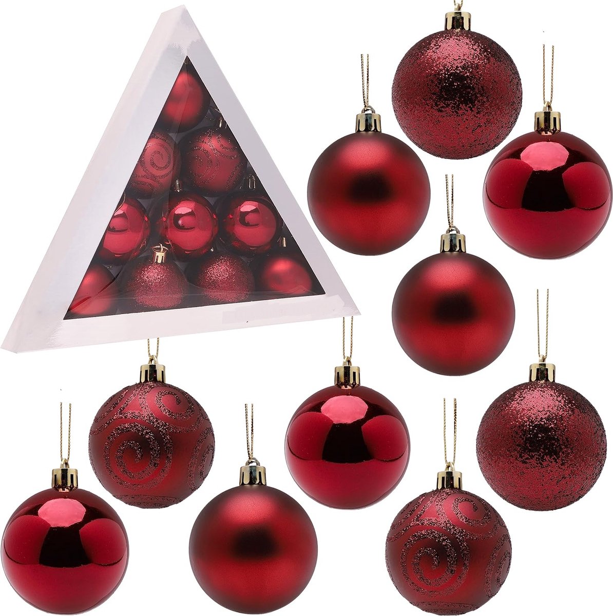 Pak van 10 kerstballen in verschillende afwerkingen: glanzend, mat en glitter, in Rioja rood.